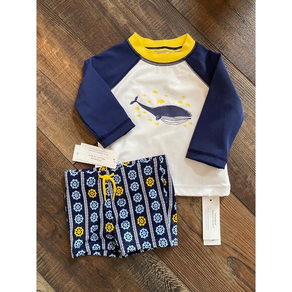NWT Janie and Jack Boys 3-6 Month Blue Fish Swim Suit Set UPF 50+